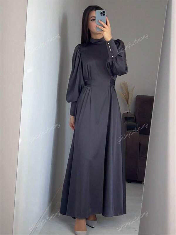 New Solid Color Waistband Long Sleeve Slim Waistband Retro Modest Dress