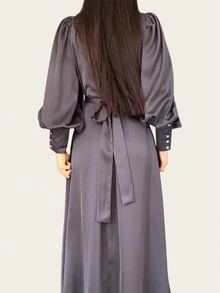 Nuevo vestido modesto de manga larga, cintura ajustada y unicolor - Gris - Ver 4