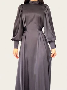 Nuevo vestido modesto de manga larga, cintura ajustada y unicolor - Gris - Ver 3