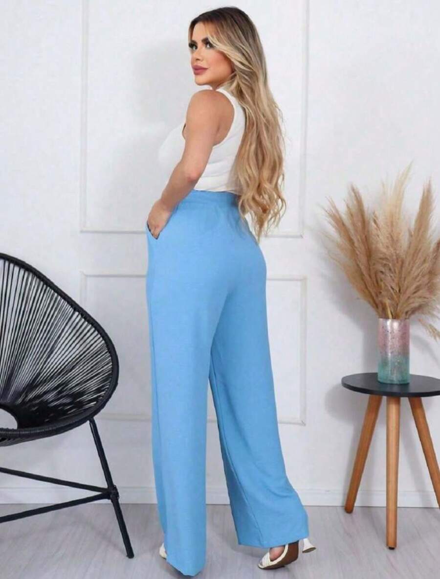 Women's High Waist Wide Leg Pants With Pockets - Màu xanh lam - Xem 1
