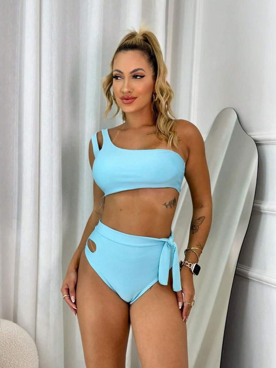 Trancoso Mula Manca Bikini Panties Hot Pants High Waist With Tie Bow Summer Fashion Beach Pool - 淺藍色 - 查看 1