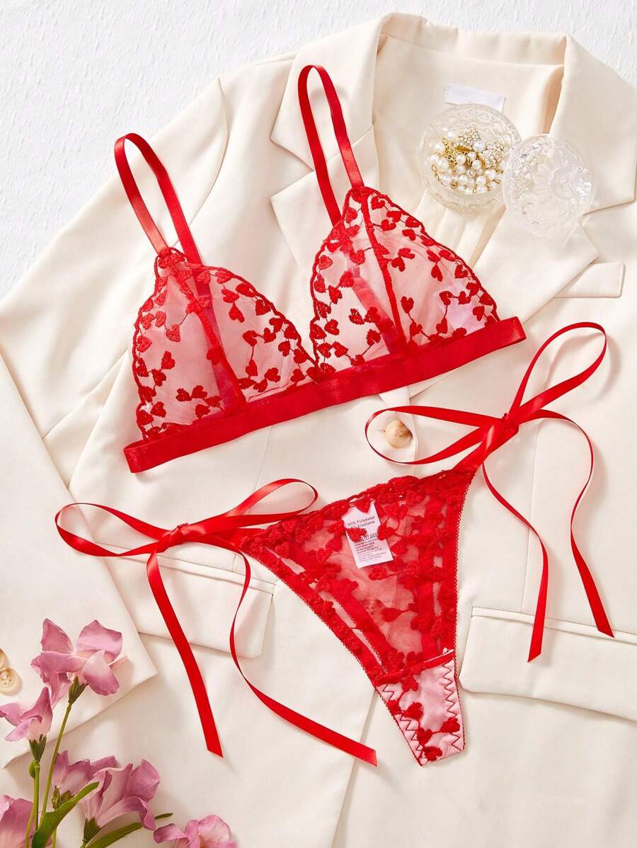 Style Dream 情人节女士文胸套装，心形刺绣网纱内衣套装（文胸+内裤），情人节和圣诞节贴身衣物 - 紅色 - 查看 1
