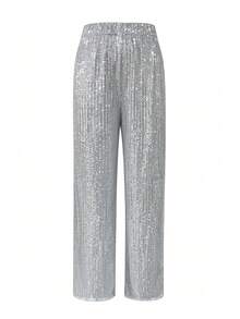 女士休闲纯色修身亮片装饰裤，适合秋冬季日常通勤和办公室穿着