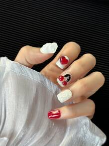 Faux ongles carrés pressés (faits à la main), style mignon, design fait main de fleurs d'amour de pomme de cerise, légers, parfaitement adaptés à l'extrémité de l'ongle, faux ongles en gel souple , faux ongles acryliques naturels réutilisables, ongles collés, faux ongles brillants recouvrant complètement, set de faux ongles acryliques, convient comme cadeau pour les femmes et les filles, port quotidien, 10 sets d'ongles
