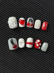 Faux ongles carrés pressés (faits à la main), style mignon, design fait main de fleurs d'amour de pomme de cerise, légers, parfaitement adaptés à l'extrémité de l'ongle, faux ongles en gel souple , faux ongles acryliques naturels réutilisables, ongles collés, faux ongles brillants recouvrant complètement, set de faux ongles acryliques, convient comme cadeau pour les femmes et les filles, port quotidien, 10 sets d'ongles