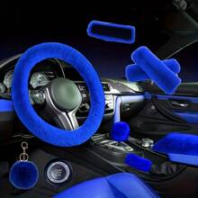 9 Pieces/Set Of New Plush Car Interior Kit: 1 Steering Wheel, 2 Plush Shoulder Protectors, 1 Armrest Box Stopper, 1 Pair Of Handbrakes, 1 Rearview Mirror Cover, 1 Rhinestone Starter Ring, 1 Leather Ball Keychain,Pink Car Stuff - 粉色 - 查看 4