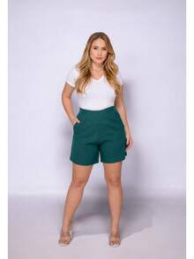 Casual Shorts Tailored Elegant Plain Invisible Zipper With Front Pocket - 墨綠色 - 查看 9
