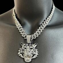 Mode 14mm breite, massive Gliederkette Halskette, kühnes Tier-Thema Schmuckstück, kombiniert mit goldenem Tigerkopf Anhänger mit 18K Weiß-/Gelbgold-Beschichtung, besetzt mit simulierten Strass-Steinen, erhältlich in 50/60/70cm