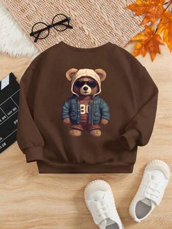 Tween Boy Fashionabla Casual Bear Print Crew Neck Sweatshirt, höst/vinter