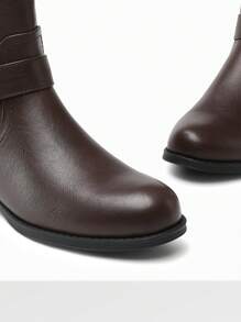 Women's Motorcycle Riding Boots Low Chunky Heel Flat Knee High Boots Comfortable Buckle Side Zipper Pirate Boots For Women - 棕色 - 查看 6