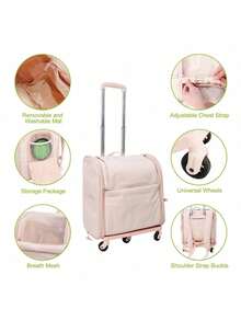 Cat Carrier Bag Puppy Pet Trolley Backpack With Handles & Removable Wheels Travel Hiking Pink - 粉色 - 查看 3