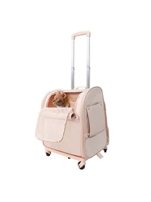 Cat Carrier Bag Puppy Pet Trolley Backpack With Handles & Removable Wheels Travel Hiking Pink - 粉色 - 查看 9