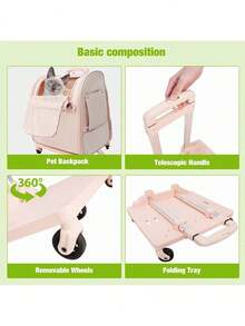 Cat Carrier Bag Puppy Pet Trolley Backpack With Handles & Removable Wheels Travel Hiking Pink - 粉色 - 查看 6