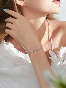 ORSA JEWELS 1 PC 925 Sterling Silver Square Cutting Stone Tennis Chain Bracelet 4A Grade Cubic Zirconia Women Hand Chain Elegant Luxury Jewelry Best Gift For Birthday Anniversary Day Wedding Engagement Party - Silver - View 10