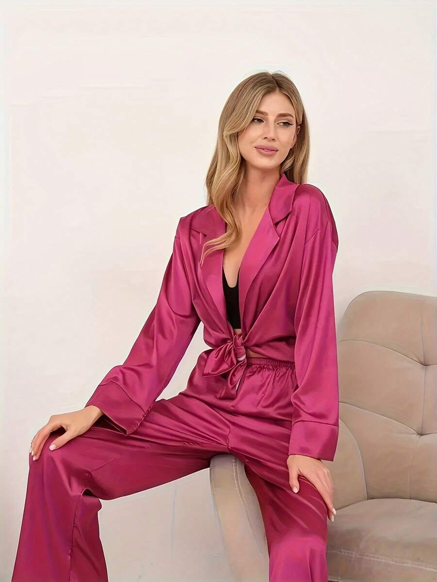 Solid Color Thin Ladies Home Imitation Silk Pajamas Ladies Winter Ice Silk Loose Can Be Worn Outside - Màu Hồng Tươi - Xem 1
