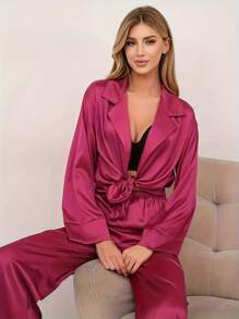 Solid Color Thin Ladies Home Imitation Silk Pajamas Ladies Winter Ice Silk Loose Can Be Worn Outside - Màu Hồng Tươi - Xem 2