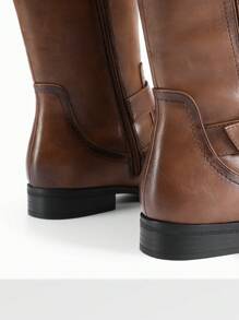 Women's Motorcycle Riding Boots Low Chunky Heel Flat Knee High Boots Comfortable Buckle Side Zipper Pirate Boots For Women - 摩卡棕 - 查看 7