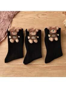 3 双/1 双羽毛薄纱熊设计女士中筒袜，可爱蓬松时尚百搭长袜，秋冬 - 彩色 - 查看 6