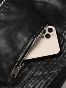 Women Faux Leather Jacket With Warm Lining, For Autumn And Winter - Black - View 4