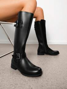 Women's Motorcycle Riding Boots Low Chunky Heel Flat Knee High Boots Comfortable Buckle Side Zipper Pirate Boots For Women - 黑色 - 查看 1