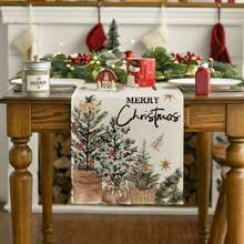 1pc Christmas Tree, Red Bird & Red Flower Merry Christmas Table Runner, Seasonal Winter Floral Kitchen Dining Table Decor, Home Party Decoration, Family Gathering Ornament