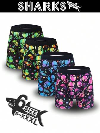 4pcs/Pack Men's Fluorescent Skull Print Breathable Mesh Boxers Briefs