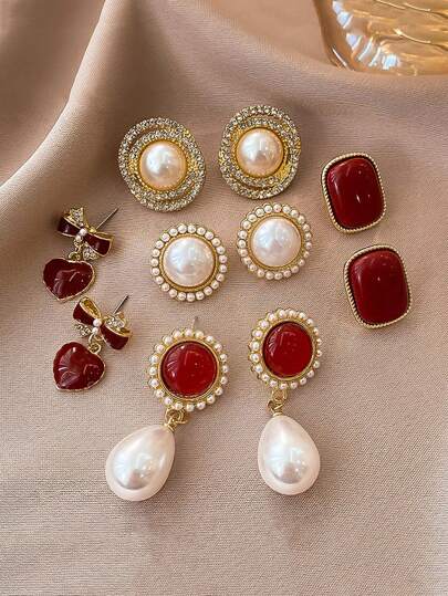 5 件/套 韩国简约仿珍珠心形环绕耳环 精致优雅耳环套装 情人节、妈妈、母亲、母亲节、礼物