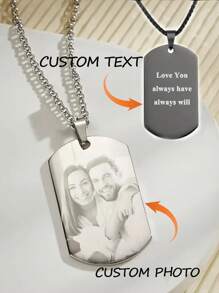 1 pieza Collar personalizado con colgante de foto con texto grabado por láser. Joyería para hombre, regalo de moda negra, estilo casual, minimalista, unisex, ideal como regalo personalizado para ella, novia, mamá, familia, amigos, hija, abuelos para aniversarios, cumpleaños, uso diario, baile de graduación, Día de la Madre, Día de San Valentín, graduación, bodas