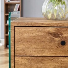 Double-Drawer Bedside Table. The Board Surface Is MDF Sticker, And Both Sides Are Transparent Tempered Glass. The Design Is Simple And Elegant, With Excellent Storage Functions.