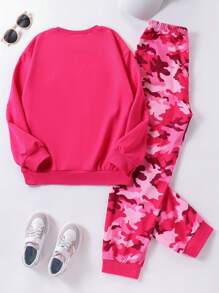2 件 Tween 女童休闲套装 - 压花字母蝙蝠袖运动衫和迷彩裤，春季和秋季 - 玫紅色 - 查看 2