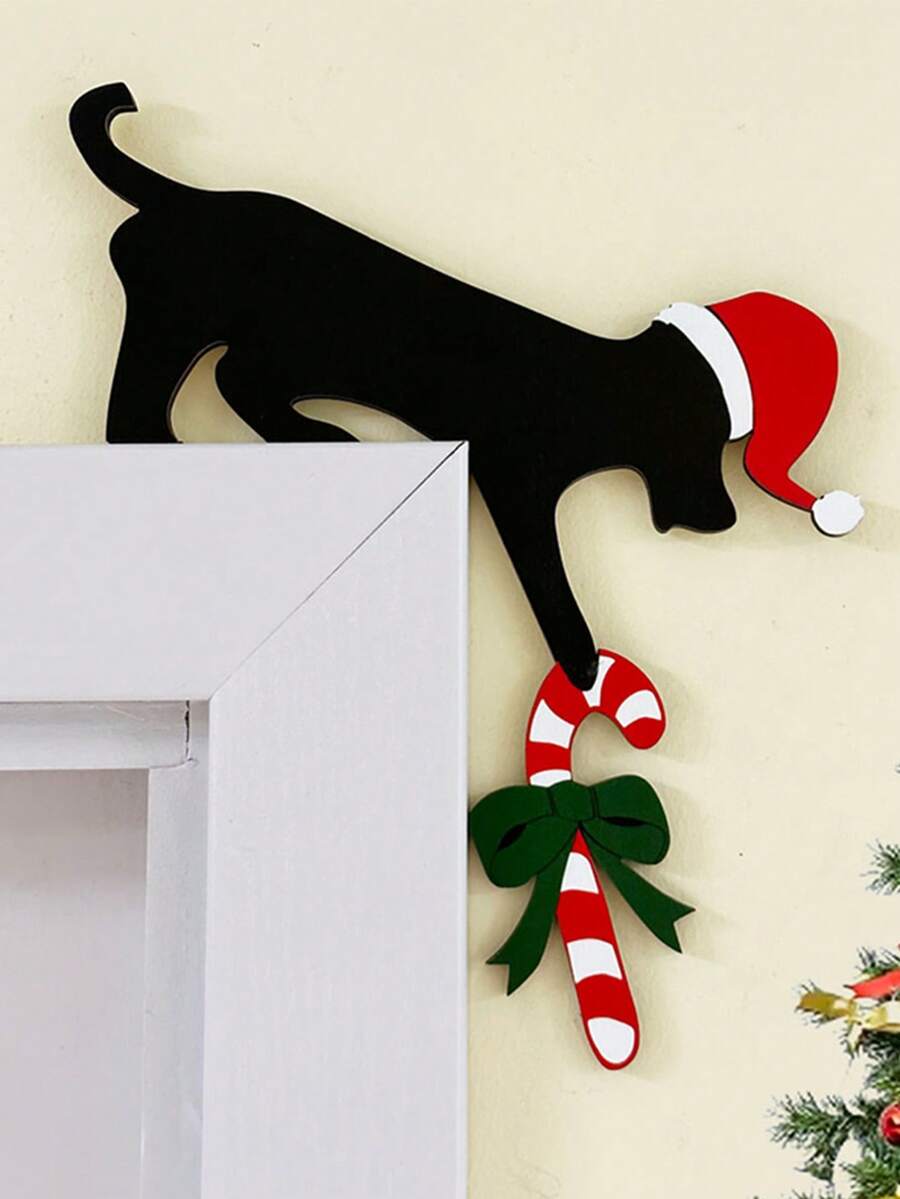 1 pièce Décorations d'angle de porte de Noël en forme de chat noir et de chien - Ornements en bois pour la porte, parfait pour l'ambiance des fêtes et les décorations de Noël