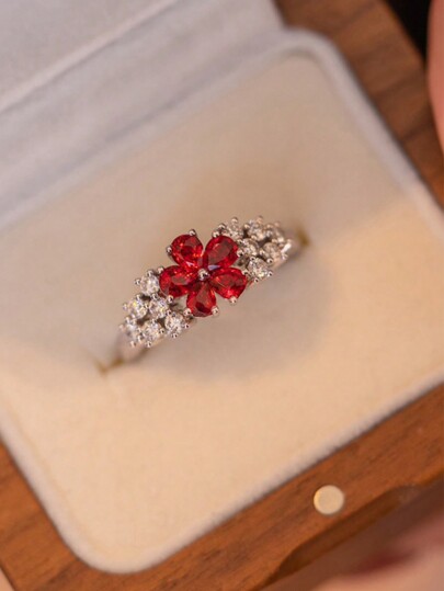 1 pièce Anneau en fleur design cubique zirconia 925 argent élégant vintage, convient pour femme, idéal pour le port quotidien, les fêtes, les vacances, cadeau de la Saint-Valentin