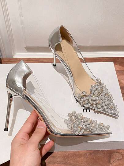 女士手工仿珍珠花朵装饰透明高跟尖头时尚银色和香槟色春秋高跟鞋情人节