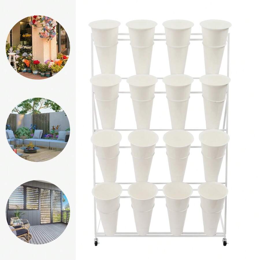 4 Tier Flower Display Stand Holder With 16Pcs Buckets Metal Flower Plant Cart With Wheels - trắng - Xem 1