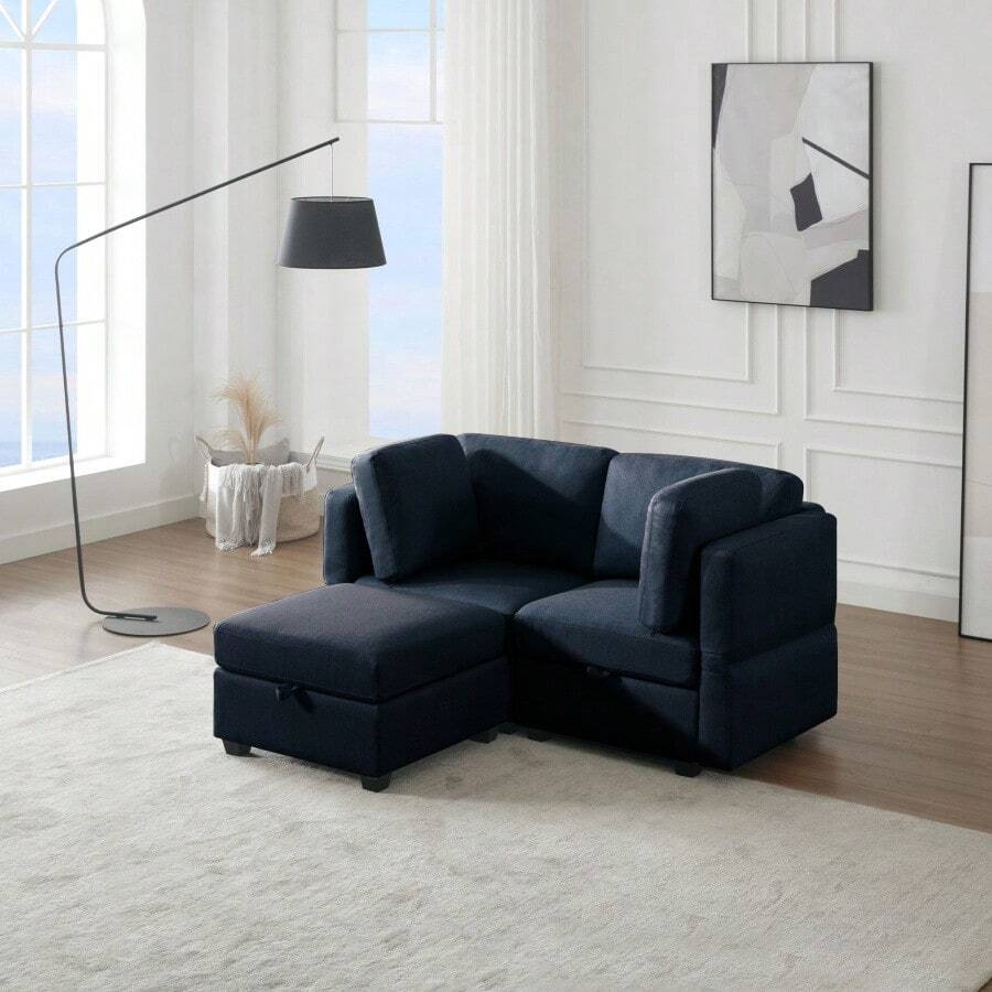 Space Saving Small Sectional Sofa With Ottoman, 2 Seater Sofa With 1 Ottoman, All Seats And Ottomans With Storage Function - Blue - 藍色+聚酯纖維+2座如圖 - 查看 1