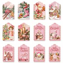 60 Stück rosa Weihnachtspapier Anhänger mit Seil Weihnachtsgeschenkanhänger Weihnachtsbaum Dekoanhänger für Weihnachtsparty Dekoration Geschenkverpackung Karte, Weihnachten - Verschiedenfarbig - Übersicht 8