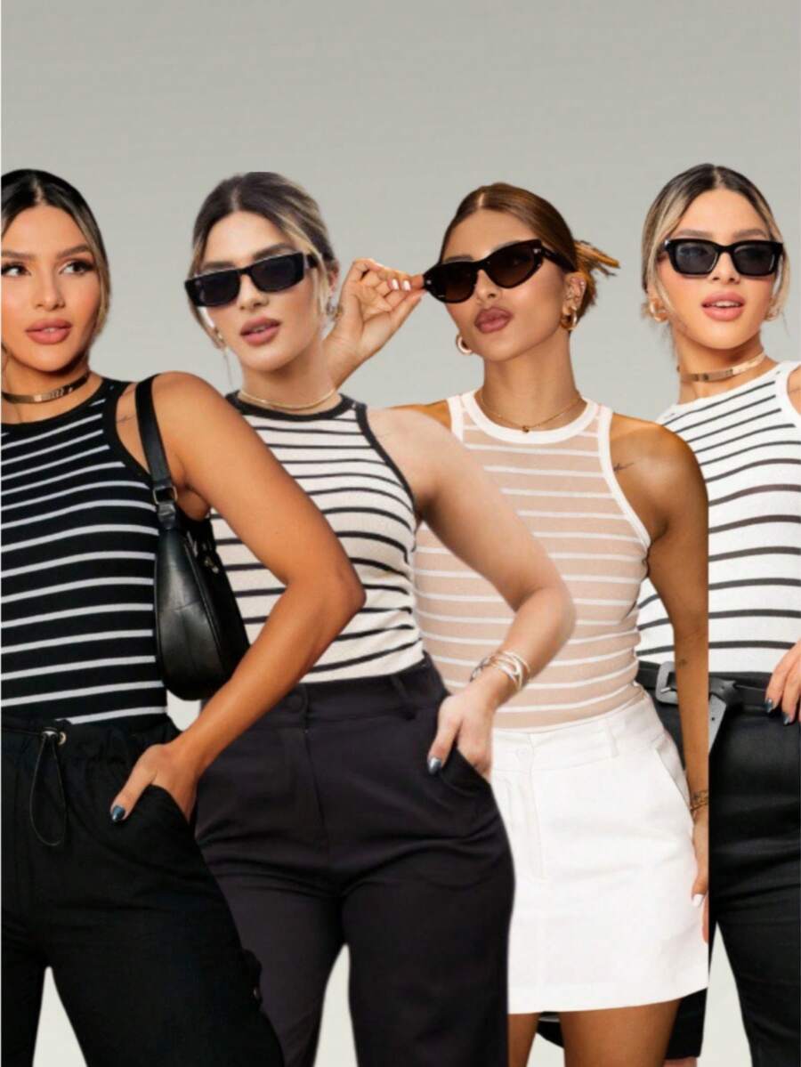 Striped Tank Top Basic Ribbed Sleeveless T-Shirt Blogger Fashion - màu đen - Xem 1