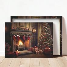 1 Piece Warm Fireplace Christmas Living Room Wall Art Canvas Print, Christmas Tree, Christmas Decor Home,Stockings, Gifts, Ready To Hang, Vintage Nostalgia, For Living Room, Room, Home Wall Decor Or Outdoor Art Winter Decor Sign, Canvas Material Framed