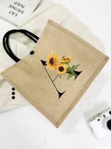 2pcs Linen Tote Bag Set, Including 1 Bag Printed With Letters A-Z And 1 Floral Printed Pouch, Sunflower Floral Print, Letter, Flower Pattern, Personalized Gift Packaging, Yellow Linen Black Tote Bag With Black Snap Closure, Bag Set - Khaki - View 6