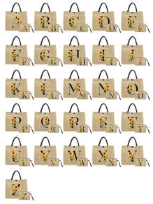 2pcs Linen Tote Bag Set, Including 1 Bag Printed With Letters A-Z And 1 Floral Printed Pouch, Sunflower Floral Print, Letter, Flower Pattern, Personalized Gift Packaging, Yellow Linen Black Tote Bag With Black Snap Closure, Bag Set - Khaki - View 2