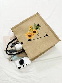 2pcs Linen Tote Bag Set, Including 1 Bag Printed With Letters A-Z And 1 Floral Printed Pouch, Sunflower Floral Print, Letter, Flower Pattern, Personalized Gift Packaging, Yellow Linen Black Tote Bag With Black Snap Closure, Bag Set - Khaki - View 7