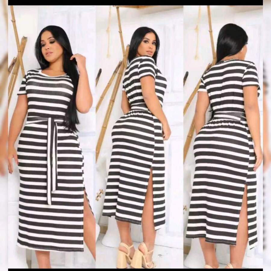 Short Sleeve Striped Midi Dress With Tie Bow - 黑與白 - 查看 1