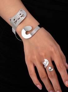 1pc Cute Cartoon Cat Metal Bangle + 1pc Ring, Luxurious And Lovely Jewelry Set For Women, Suitable For Parties, Dating, And Gifting - Yellow Gold - View 6
