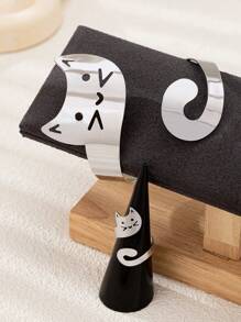 1pc Cute Cartoon Cat Metal Bangle + 1pc Ring, Luxurious And Lovely Jewelry Set For Women, Suitable For Parties, Dating, And Gifting - Yellow Gold - View 8