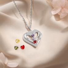 Customized Birthstone Encrusted Heart Engraved Necklace, An Ideal Gift For Mother's Day, Valentine's Day, Birthday, Anniversary, Christmas, Graduation Or For Friends, Classmates And Family - Silver - View 2