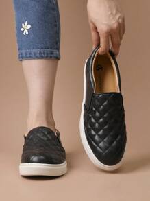 Women Slip On Sneakers Casual Walking Shoes, Quilted PU Leather Low Top Shoes With Cushioned Insole, Everyday MinimalistMuse Style - 黑色 - 查看 1