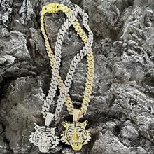 Mode 14mm breite, massive Gliederkette Halskette, kühnes Tier-Thema Schmuckstück, kombiniert mit goldenem Tigerkopf Anhänger mit 18K Weiß-/Gelbgold-Beschichtung, besetzt mit simulierten Strass-Steinen, erhältlich in 50/60/70cm