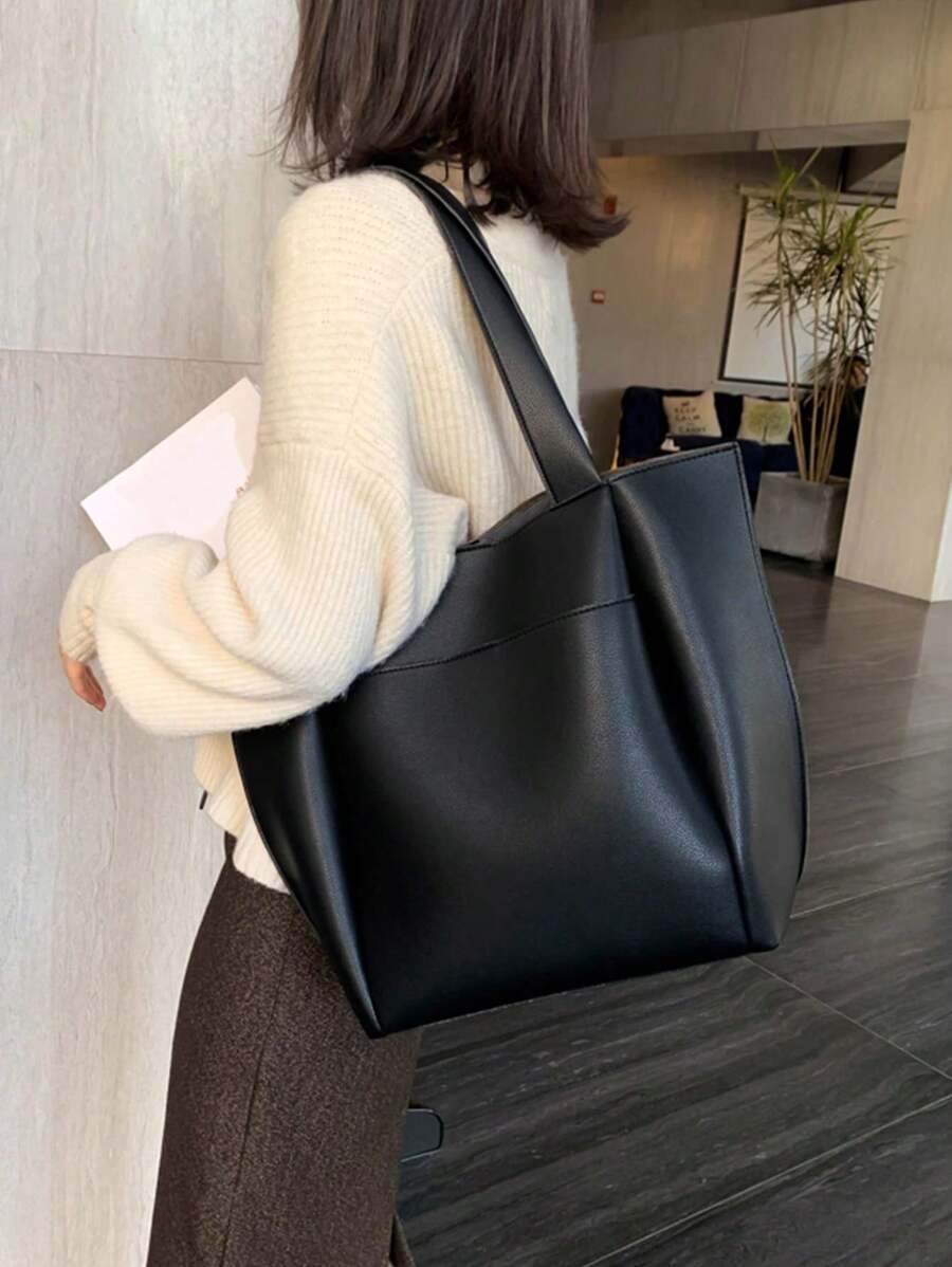 New Fashion Large Capacity Casual Versatile Retro Litchi Grain Solid Color Minimalist Elegant Outing Shopping Commuting Handbag Practical For Office Lady College Student Daily Use Soft Leather Tote Bag