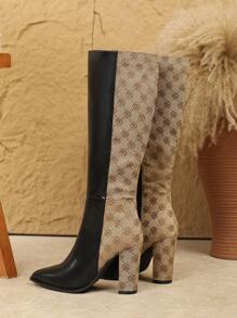 大码女士时尚过膝高跟靴，休闲拉链开合膝上靴，粗跟高筒靴，秋冬黑色靴子