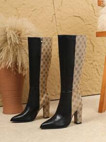 大码女士时尚过膝高跟靴，休闲拉链开合膝上靴，粗跟高筒靴，秋冬黑色靴子